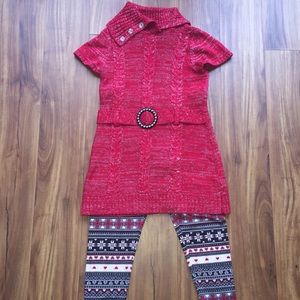 Short sleeve red dress with print leggings.